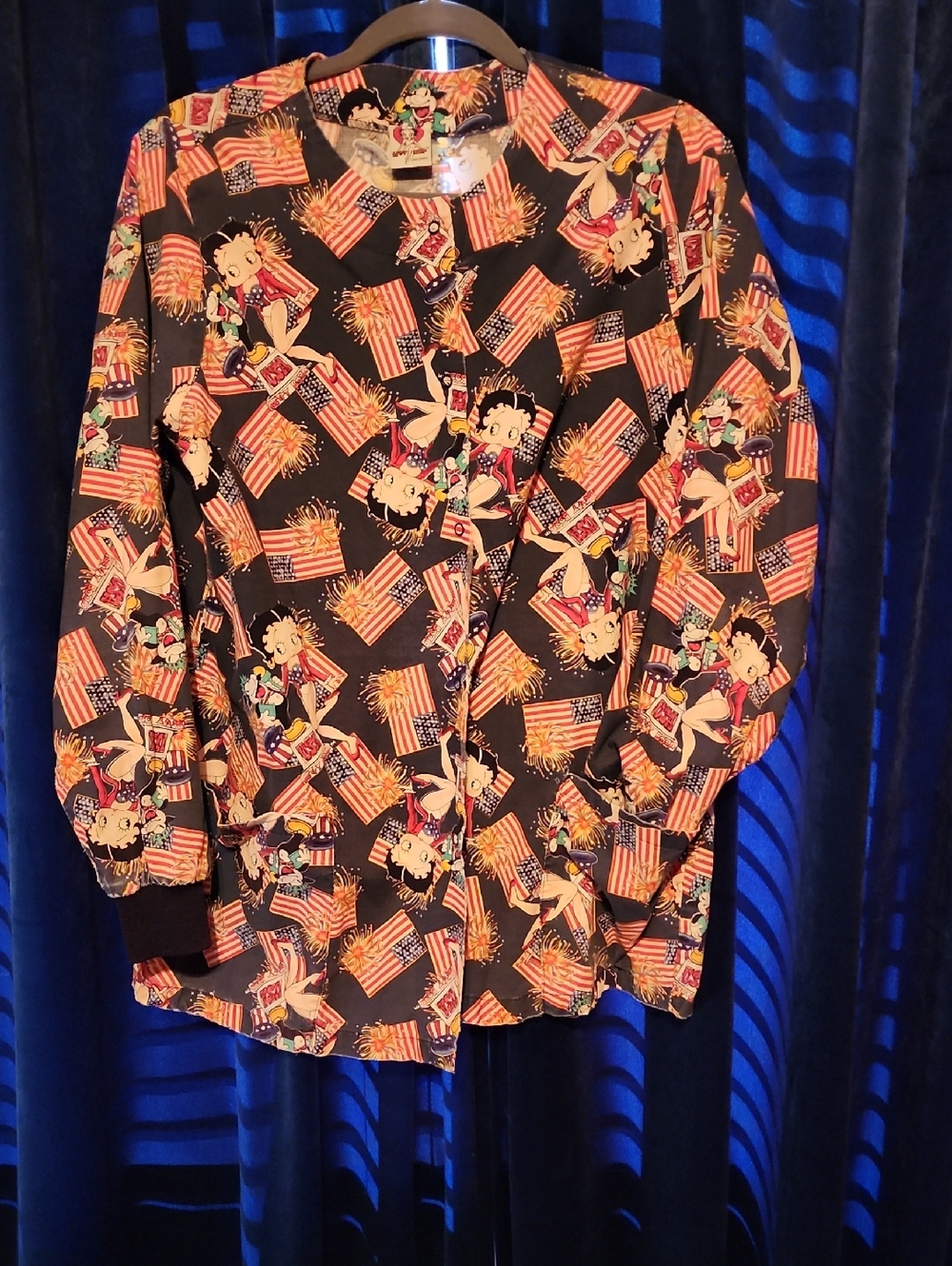 Patriotic Betty Boop Red  Red, White and Blue Flag Print Scrub Jacket